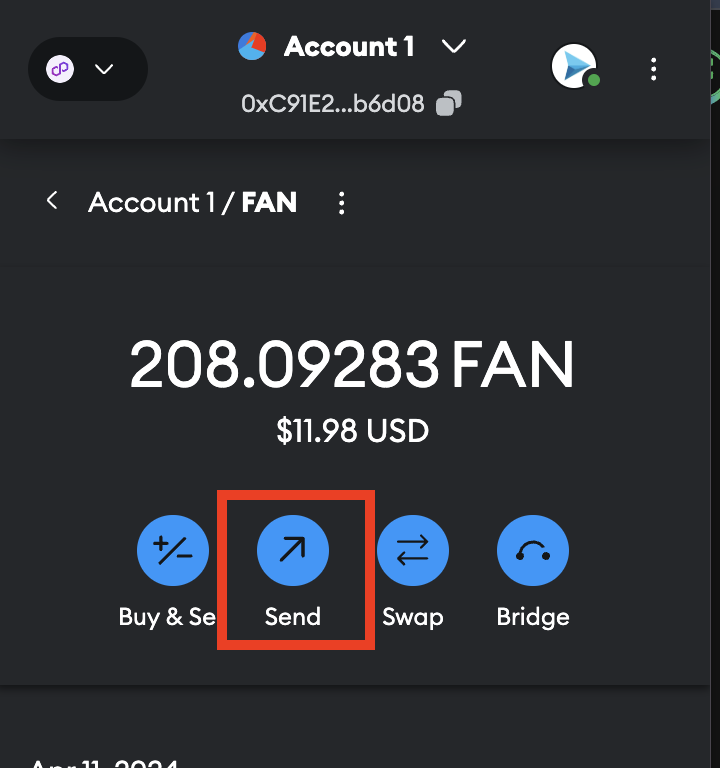Screenshot that demonstrates where the send button is to transfer $FAN Tokens. 